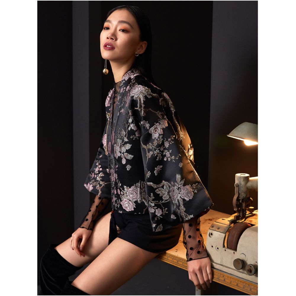 Original designer from Jiro women s dark silk and Japanese style improved wide sleeved tassel Tang style short jacket image 1
