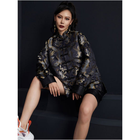 ASAYA 1699  Original dark style new handsome silhouette loose jacquard Tang suit retro buckle long top