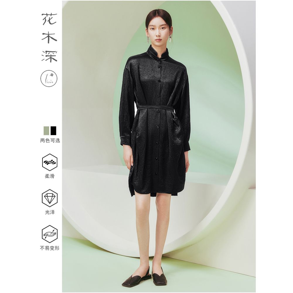 Hua Mu Shen Chinese style vinegar dress women s loose texture shirt skirt stand collar tied long sleeved skirt new style image 5