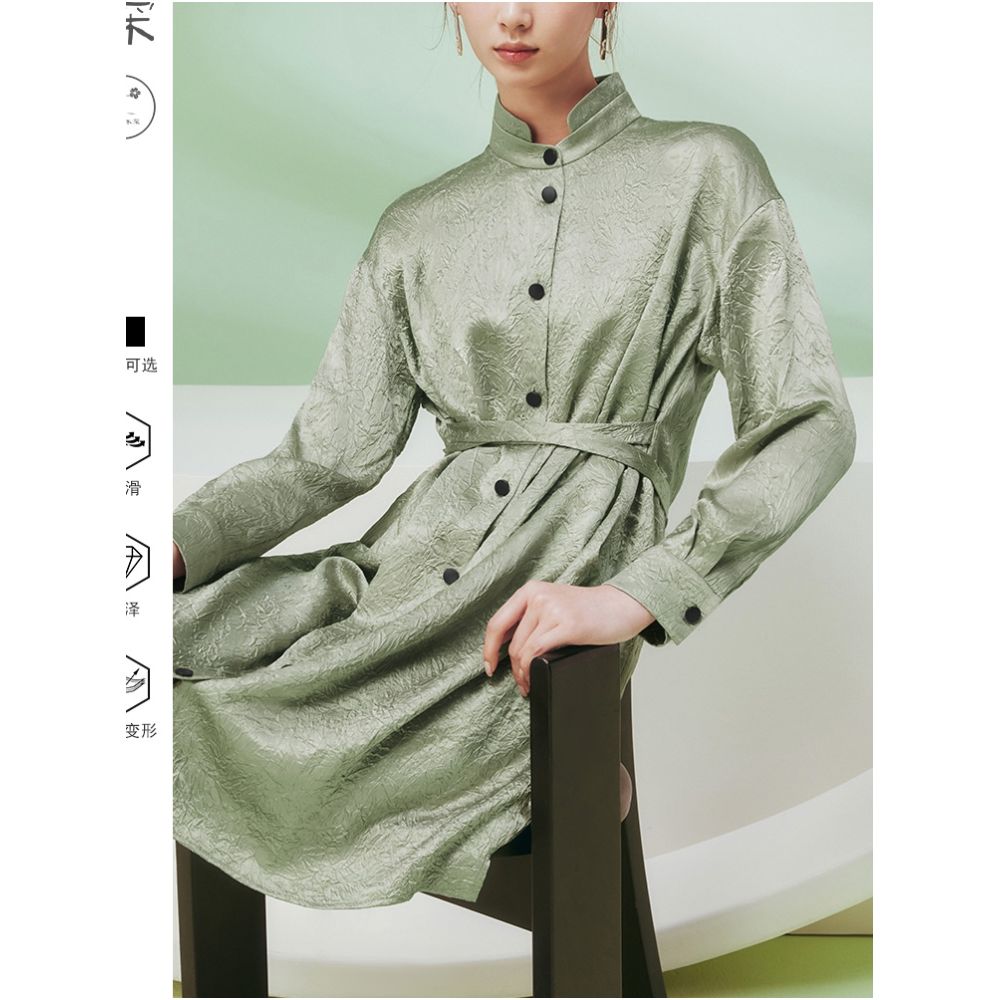 Hua Mu Shen Chinese style vinegar dress women s loose texture shirt skirt stand collar tied long sleeved skirt new style image 0
