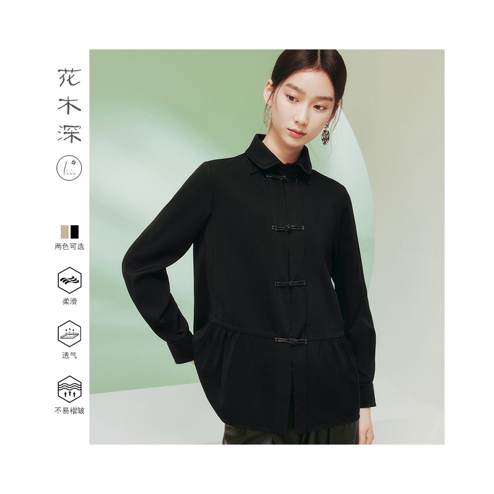 Blogger s same flower and tree deep buttoned shirt women s long sleeved new Chinese style improved Tang style top women s black shirt image 4