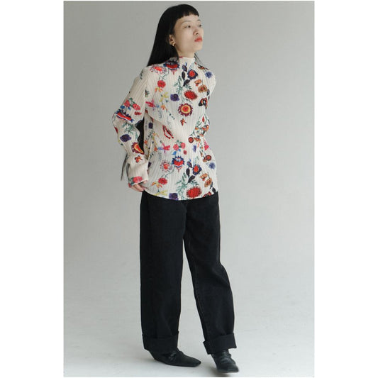 ASAYA1675  TLonely1 long sleeved base pleated print stand up collar long sleeved pullover floral long sleeved T shirt