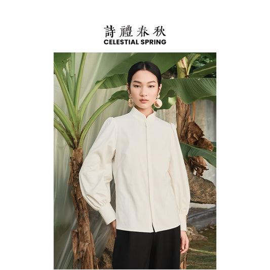 ASAYA1644 Shili Chunqiu Original New Chinese style Top Chinese style Long sleeved Shirt Retro white Elegant Tea Clothes Stand up Collar Shirt for Women