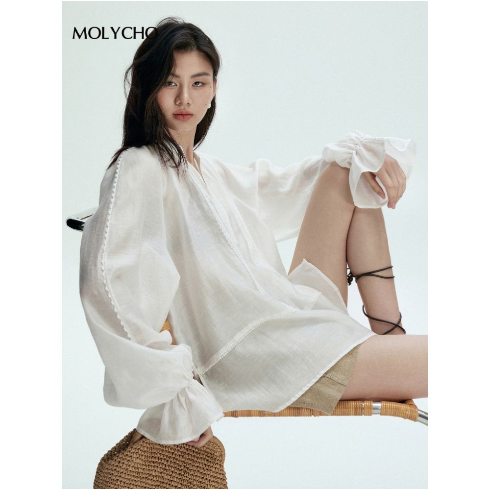 MOLYCHO Bohemian Style Thin White Shirt for Women s Summer Loose Sunscreen Cover Micro Transparent Top image 2