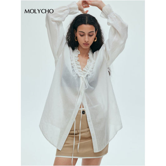 MOLYCHO Misty Sensation French Lazy Ruffle Thin Shirt for Women Relaxed Micro Transparent Sunscreen Shirt image 0