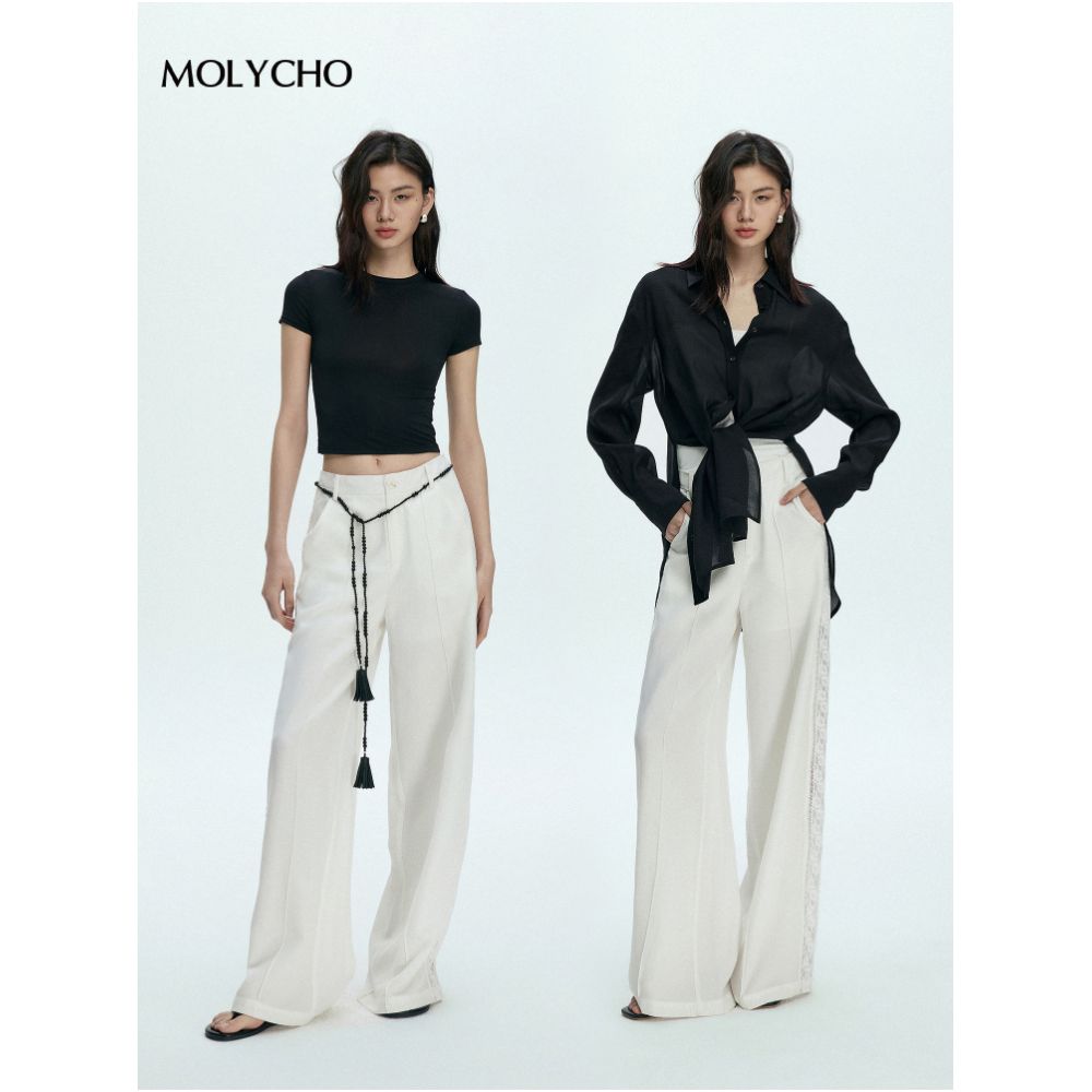 MOLYCHO French lace hollow high waisted wide leg pants for women s summer straight leg pants loose and slimming white pants image 2