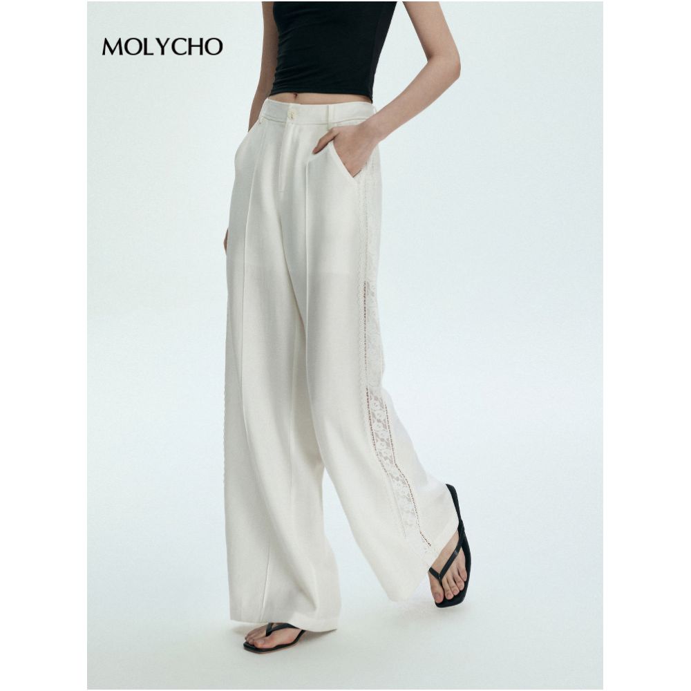 MOLYCHO French lace hollow high waisted wide leg pants for women s summer straight leg pants loose and slimming white pants image 4