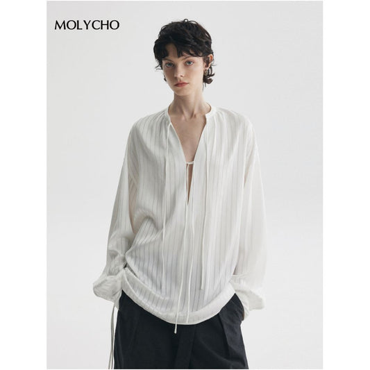 MOLYCHO Vaguely Transparent White Satin High End Shirt Women s Deep V neck Striped Shirt Tie Up Top image 0