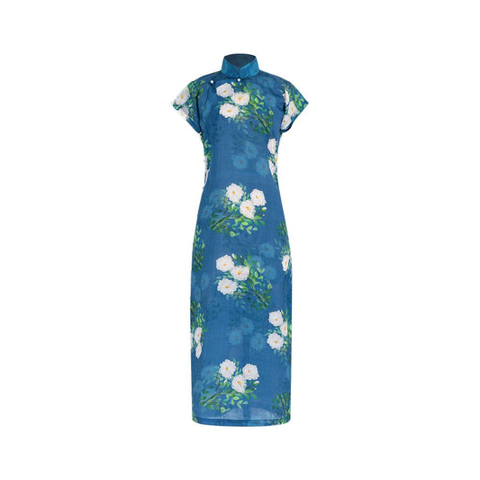 Asaya1582 Weimanyuan Fragrance One City Wind Plush Tencel Hemp Printed Ancient French Republic Style Flat Cut One Piece Cheongsam Female Original