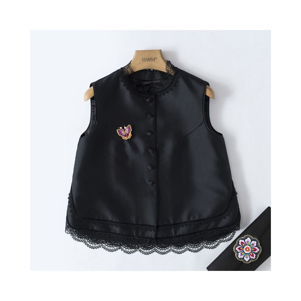 YXF0087 Xiajia retro lace silk wool vest women s loose short outer wear Tang suit top image 20