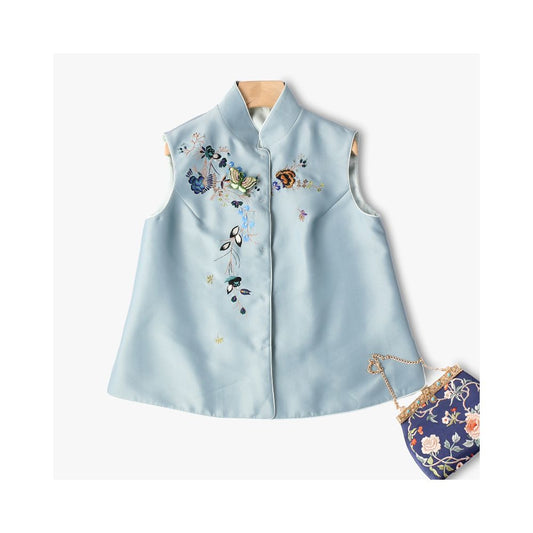Asaya1577 Town Store Baby PCY1380 Chinese Retro Stand up Collar Double breasted Vest Embroidered Camry Shoulder Embroidered Small Shirt Spring and Autumn Winter Women