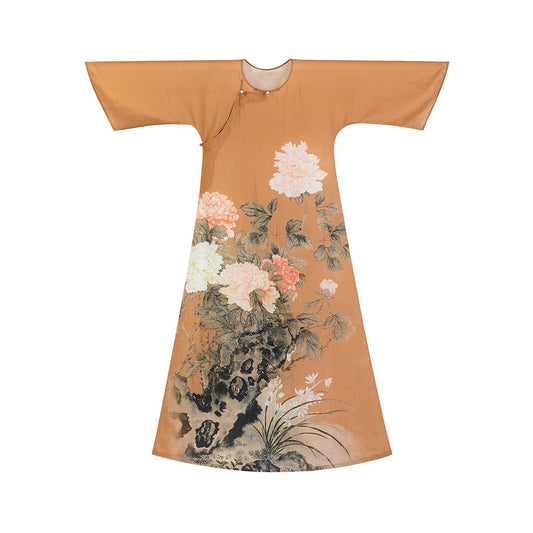 Asaya1575 Fragrant Painting Scroll One City Style Plush Summer Republic of China Style Retro No Collar Inverted Big Sleeve Half Open Cheongsam Dress