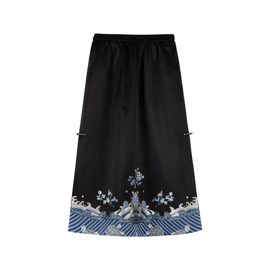 Asaya1574 Autumn Water and Spring Clouds A City of Wind and Catkins Black Silk Chinese Retro Temperament All match Embroidered Women s Skirt Daily