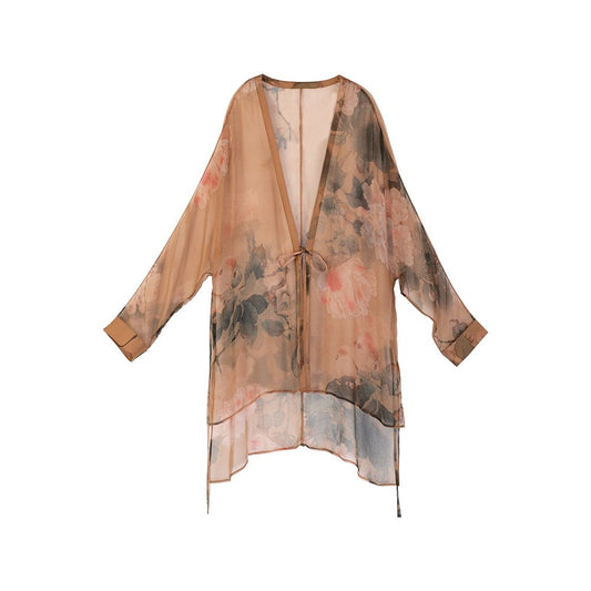 Asaya1569 - Silk smooth crepe light and loose lace-up versatile cheongsam coat