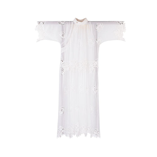 Asaya1565 - White Moon Light One City Wind Plush Spring and Summer Silk and Cotton Heavy Industry Embroidery Flower Retro Young Long Style Dress