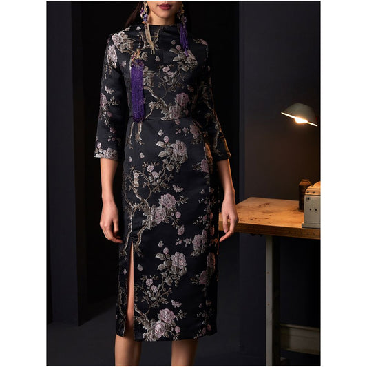 Asaya1562 - Original dark jacquard satin split modified cheongsam skirt