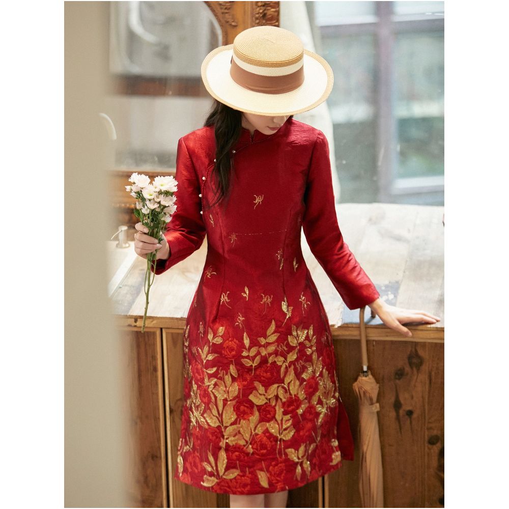 Red Jacquard Heavy duty Long Sleeve Chinese Style Dress 2695 Autumn New Style Light Luxury Gentle Mom Cheongsam Skirt image 2