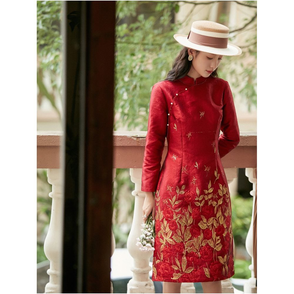 Red Jacquard Heavy duty Long Sleeve Chinese Style Dress 2695 Autumn New Style Light Luxury Gentle Mom Cheongsam Skirt image 3