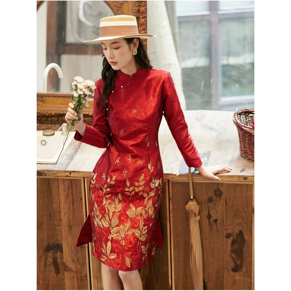 Red Jacquard Heavy duty Long Sleeve Chinese Style Dress 2695 Autumn New Style Light Luxury Gentle Mom Cheongsam Skirt image 4