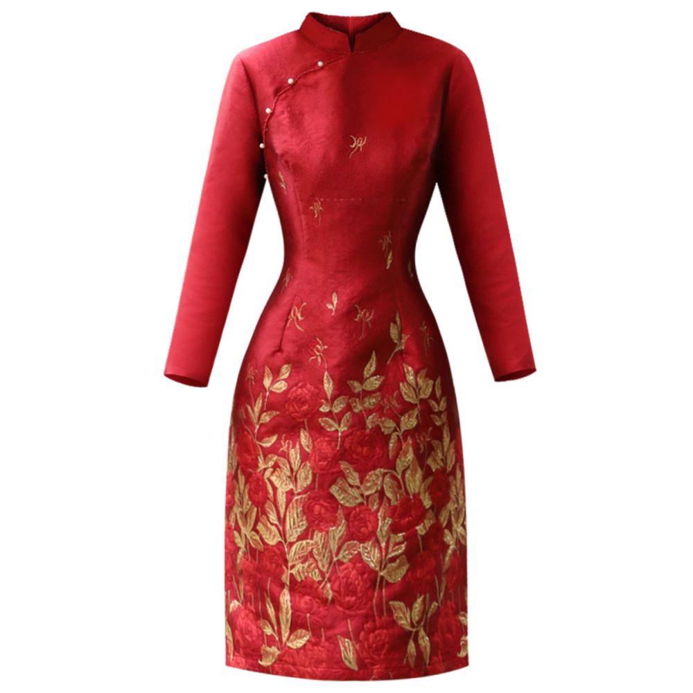 Red Jacquard Heavy duty Long Sleeve Chinese Style Dress 2695 Autumn New Style Light Luxury Gentle Mom Cheongsam Skirt image 5