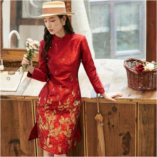 Asaya1558 - Red Jacquard Heavy duty Long Sleeve Chinese Style Dress 2695 Autumn New Style Light Luxury Gentle Mom Cheongsam Skirt