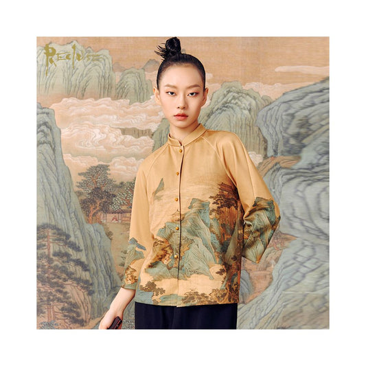 Asaya1524 -RECLUSE Shanyin Qinglv Landscape Knitwear Printed China Chic Coat New Chinese Stand Collar Tang Style Top Women s Wear
