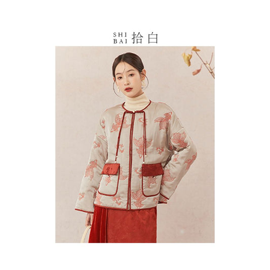Asaya1512 - SHIBAI Shibai new Chinese style red national style koi embroidery cotton jacket women 2024 winter short button jacket