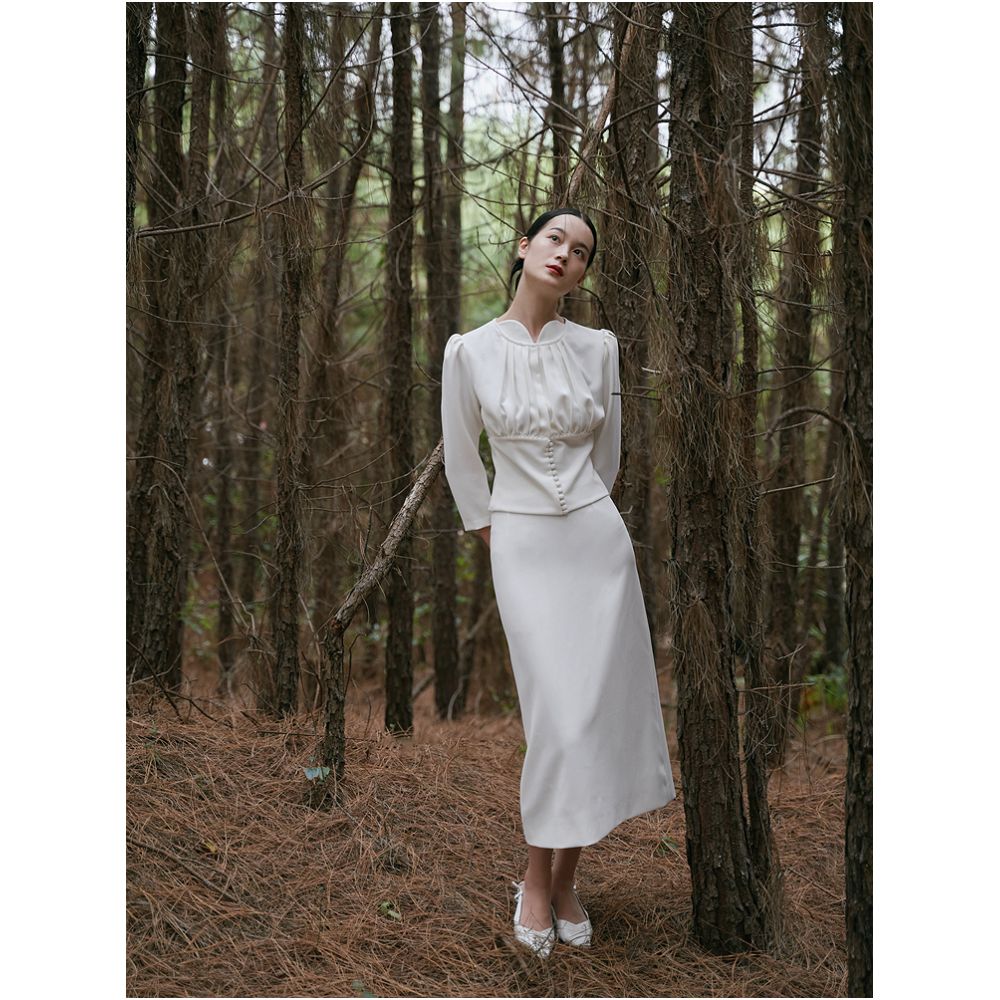 Tree ripples retro fashion photography French puff sleeves stand collar pleated white elegant Hepburn style waist suit skirt image 4