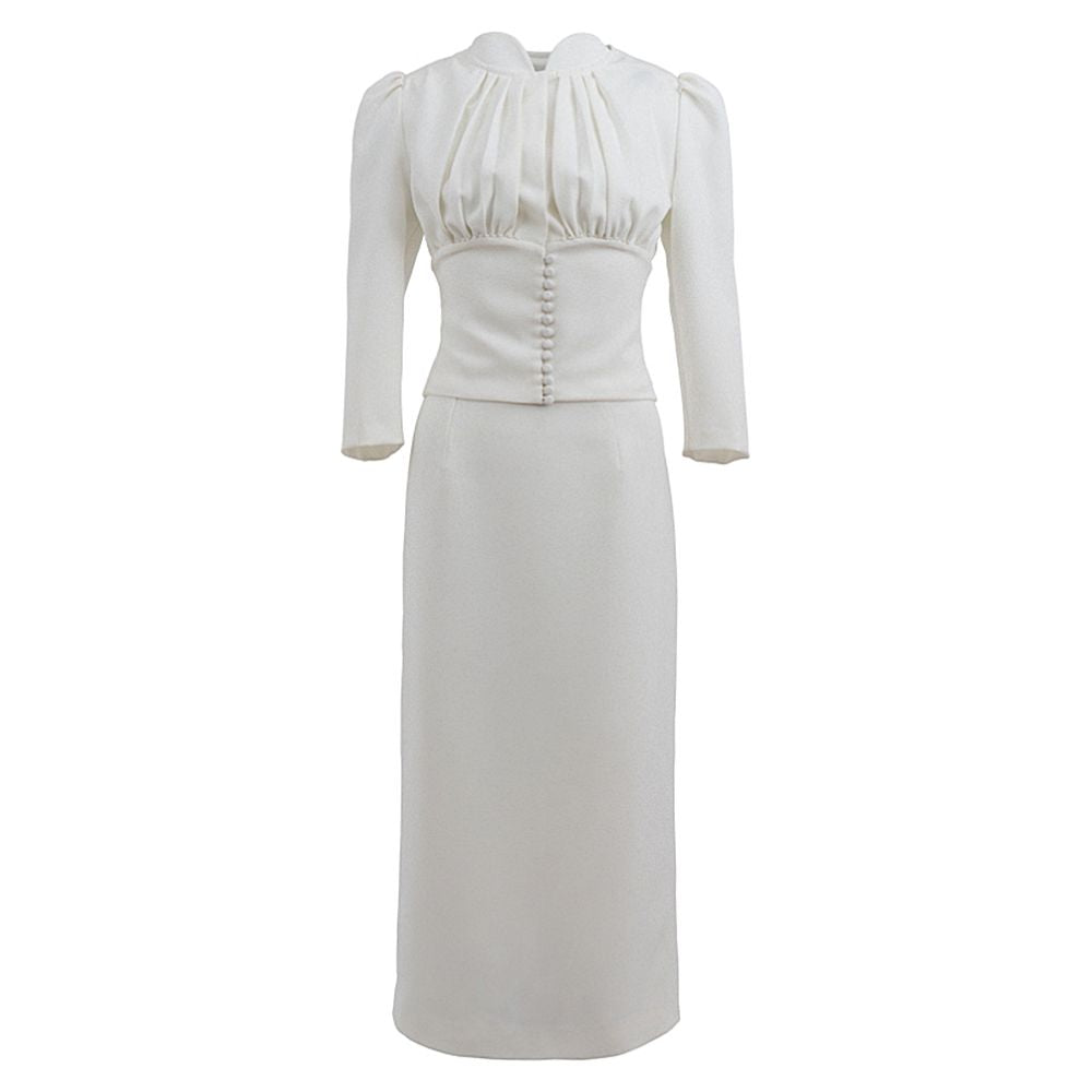 Tree ripples retro fashion photography French puff sleeves stand collar pleated white elegant Hepburn style waist suit skirt image 5