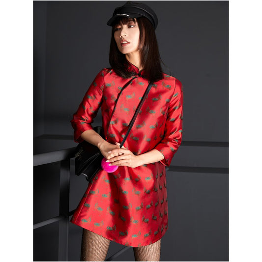 Asaya1501 - Vintage damask slanted improved long tang dress jacquard slim short cheongsam