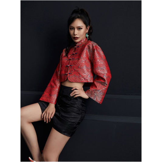 Asaya1500 -  New Chinese Retro Fashionable Mixed Style Plate Buckle Short Sleeve Jacquard Tang Dress Short Top S