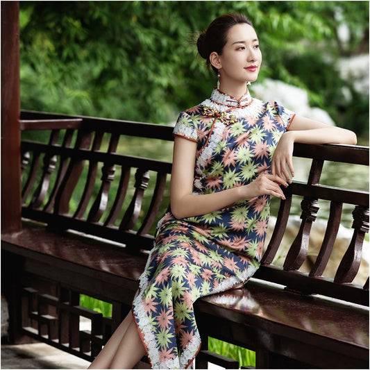 Asaya1466 - Handmade silk cheongsam mulberry silk satin long cheongsam dress