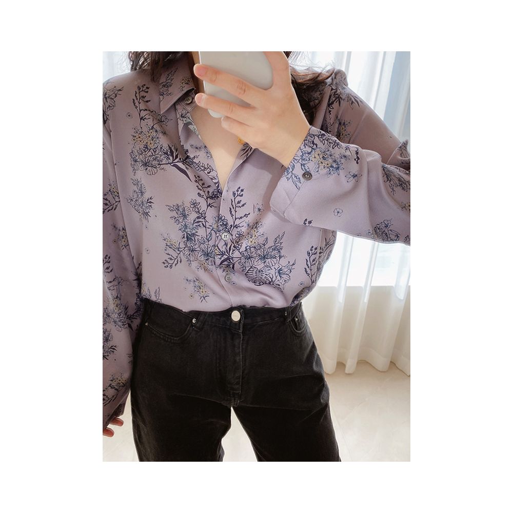 National style cool and high JI feeling grey lilac ink printing silk smooth sand washing elastic satin long sleeved silk shirt image 3