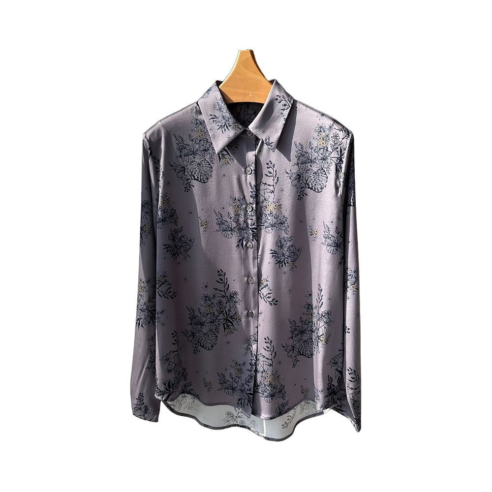 National style cool and high JI feeling grey lilac ink printing silk smooth sand washing elastic satin long sleeved silk shirt image 5