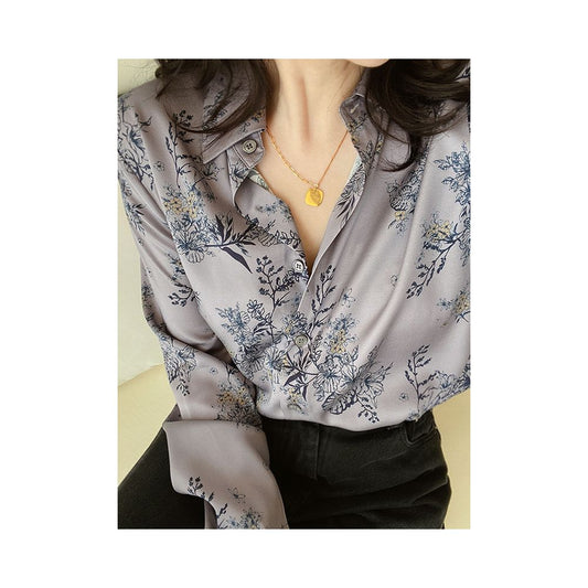 Asaya1474 -  Four Seasons Tyrant Cool Grade Ink Floral Print Loose Silk Shirt Top
