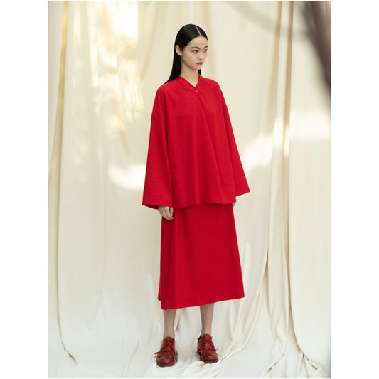 Asaya1438  - Knitted fabric three dimensional cutting Chinese elements high cold and bright red shirt set