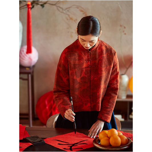 Asaya1437 - Happy New Year coming from the east with good luck Yu Er s original copper ammonia hemp cotton red short jacket Chinese style standing collar buttoned cotton jacket for women