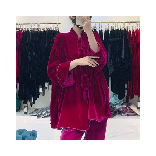 Asaya1425 - Rose single-breasted commuter new Chinese velvet loose spring and autumn coat solid color