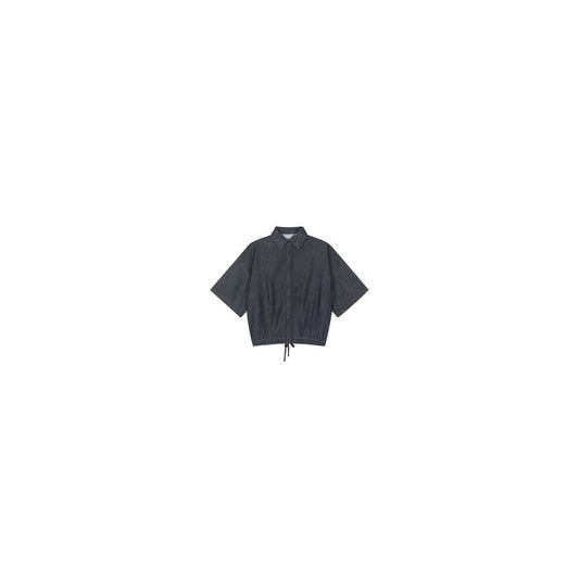 Asaya1399  - ItoshIroshI deep indigo washed denim cotton thin soft classic lapel short drawstring loose shirt jacket