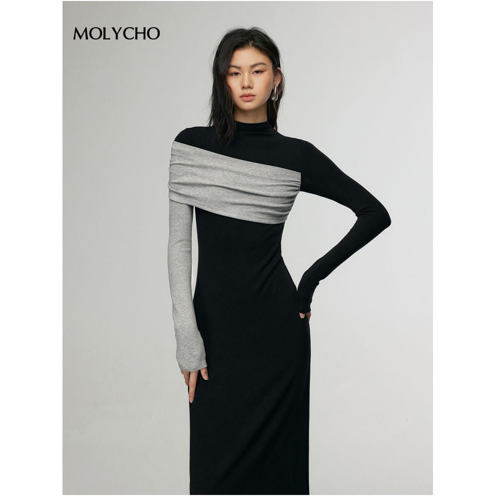 MOLYCHO Color blocked splicing Half high neck long sleeved T shirt for women Interior base small shirt slim fit top image 3