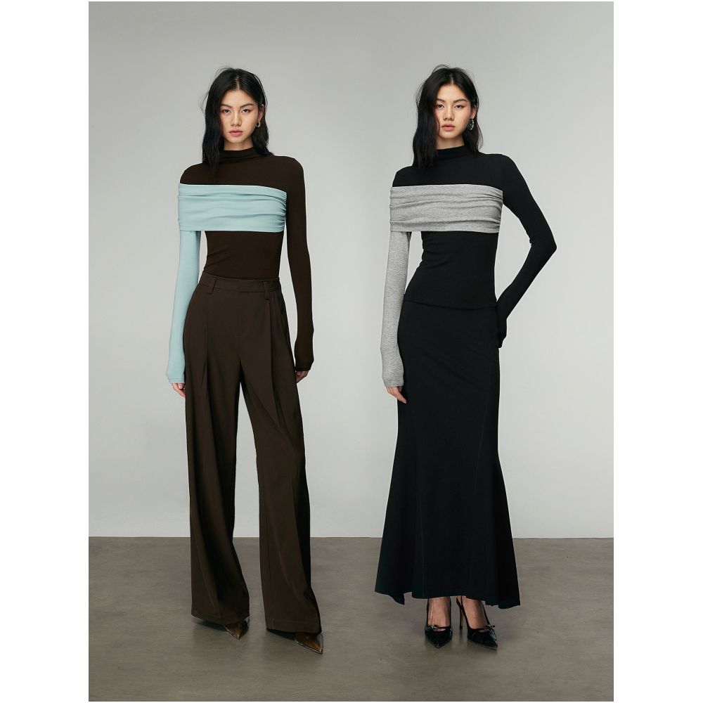 MOLYCHO Color blocked splicing Half high neck long sleeved T shirt for women Interior base small shirt slim fit top image 4