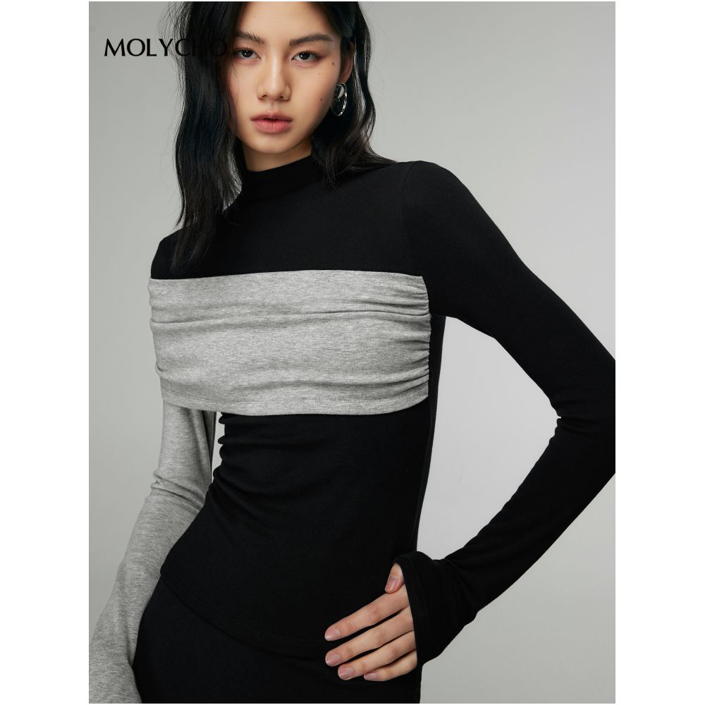 MOLYCHO Color blocked splicing Half high neck long sleeved T shirt for women Interior base small shirt slim fit top image 5
