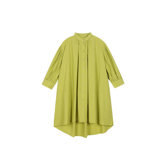Asaya1397 - ItoshIroshI standing collar mustard yellow green silhouette A line long back short seven quarter lantern sleeves open collar pleated shirt
