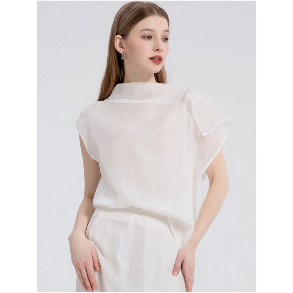 Sparkling Star River Soft Mist White Silk Organza Top with Misty Beauty Double Layer Silk Black Perspective Shirt image 2