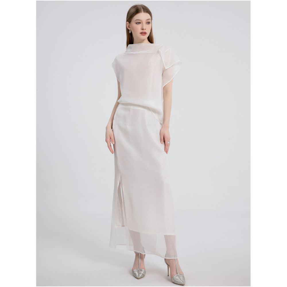 Sparkling Star River Soft Mist White Silk Organza Top with Misty Beauty Double Layer Silk Black Perspective Shirt image 3