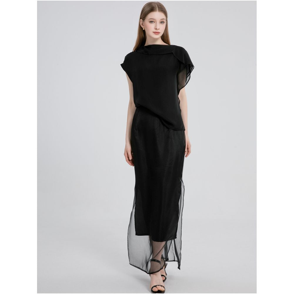 Sparkling Star River Soft Mist White Silk Organza Top with Misty Beauty Double Layer Silk Black Perspective Shirt image 5