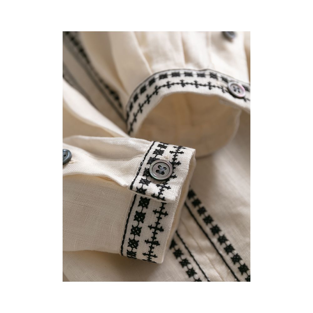French artistic temperament Comfortable rain dew linen loose heavy embroidery round neck long sleeved shirt for women F2860 image 4