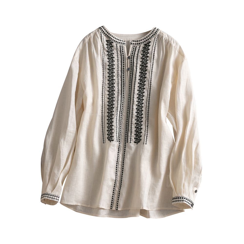French artistic temperament Comfortable rain dew linen loose heavy embroidery round neck long sleeved shirt for women F2860 image 5