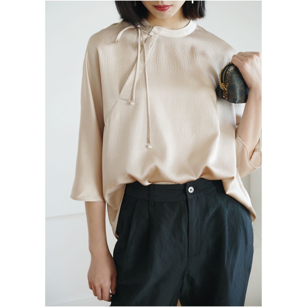 Real silk pearl satin new Chinese style top women s standing collar slanted collar seven quarter sleeve top shirt tie design SY012 image 0