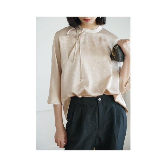 Asaya1375 -  IVYKIN small dragon pattern jacquard silk one-piece sleeve pullover top loose round neck tie women